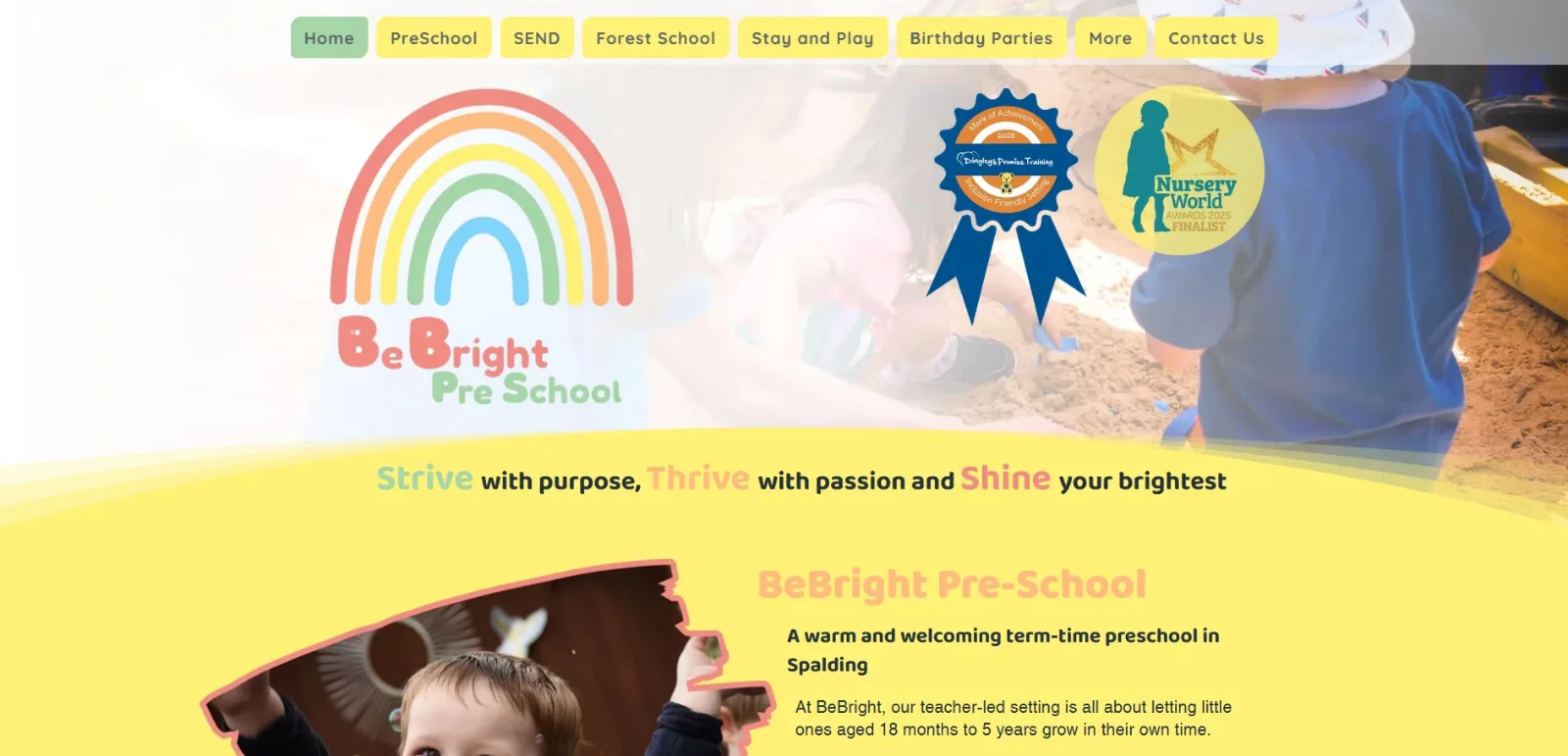 BeBright Pre-School website: homepage with a rainbow logo, award badges and a yellow welcome section