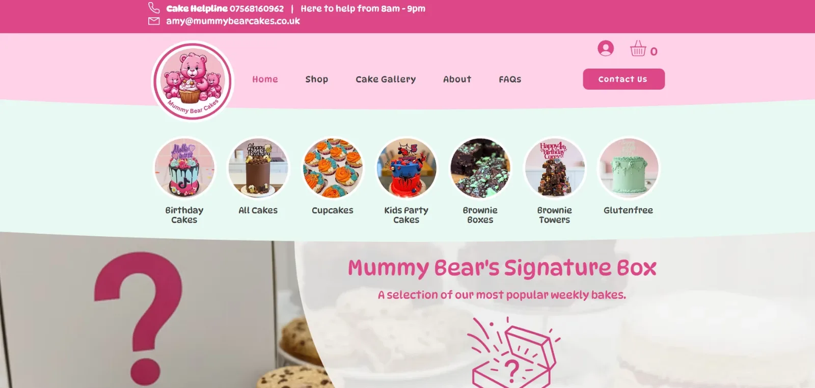 Mummy Bear Cakes website: pink homepage with round photos of birthday cakes, cupcakes and brownies