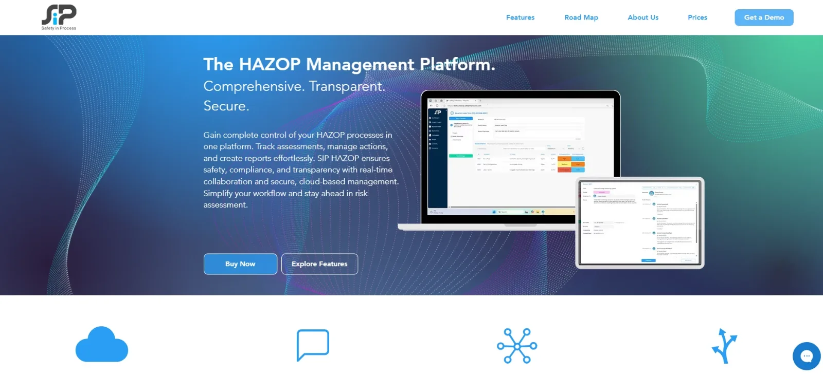 Safety in Process website: blue homepage for a HAZOP management platform with laptop and tablet screenshots